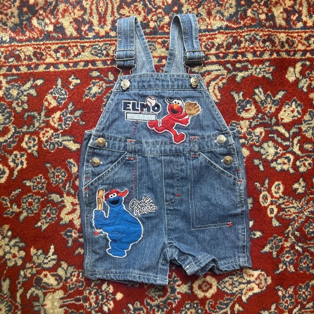 Vtg Elmo Cookie Monster Sesame Street Denim Overalls Sz 6-9 Months Embroidered